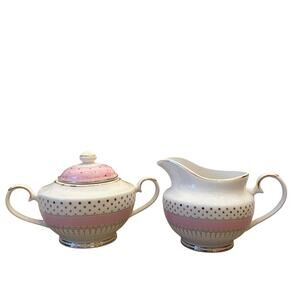 Grace Teaware Fine Porcelain Creamer & Sugar Bowl Pink White Gold Polka Dots New